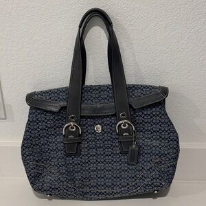 Coach Navy Signature Canvas Tote with Black Leather Trim